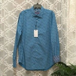 NWT Robert Graham Canterbury Button Up Long Sleeve Flip Cuff Blue Shirt Size L